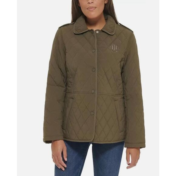Tommy Hilfiger Women's Quilted Jacket Juniper Green Logo Preppy Sz L - Picture 1 of 15